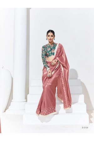 Organza Tissue Silk Saree with blouse in Peach and Teal 2139